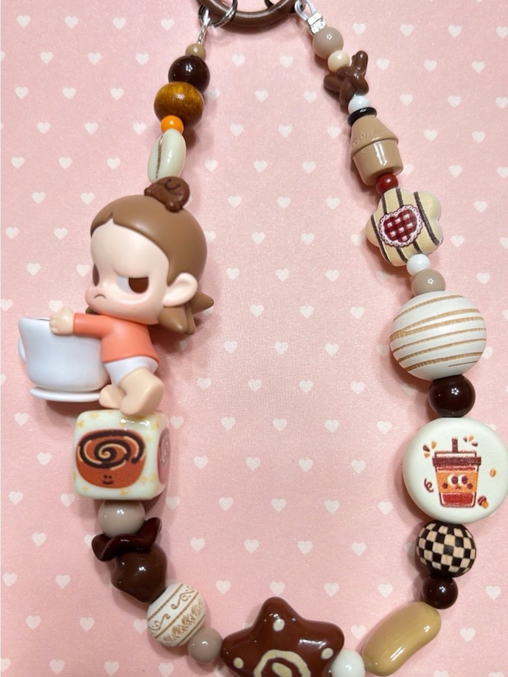 Brown Cafe Character Beaded Keychain Charm - Cute Doll Accessory